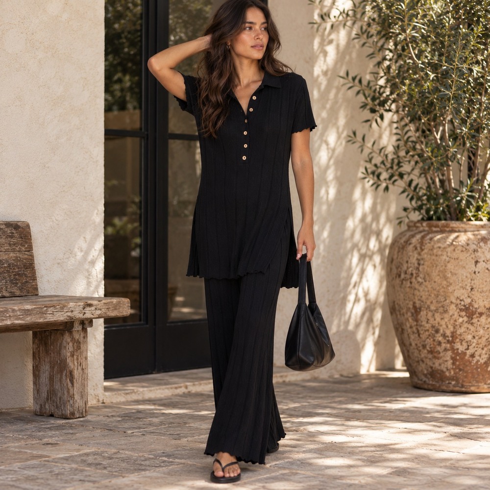 New Free People Paloma Sweater Pants Set Sz M Black Ribbed Knit Flare Matching